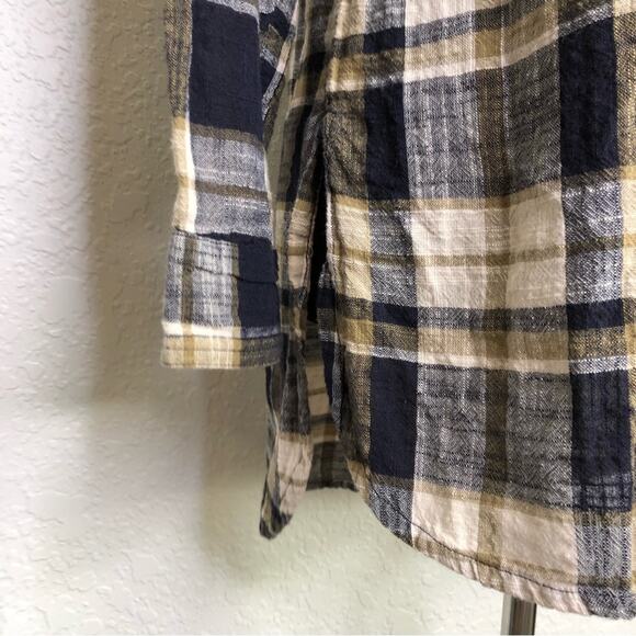 Fat Face navy blue tan and cream plaid button down top size 12 - Picture 3 of 15